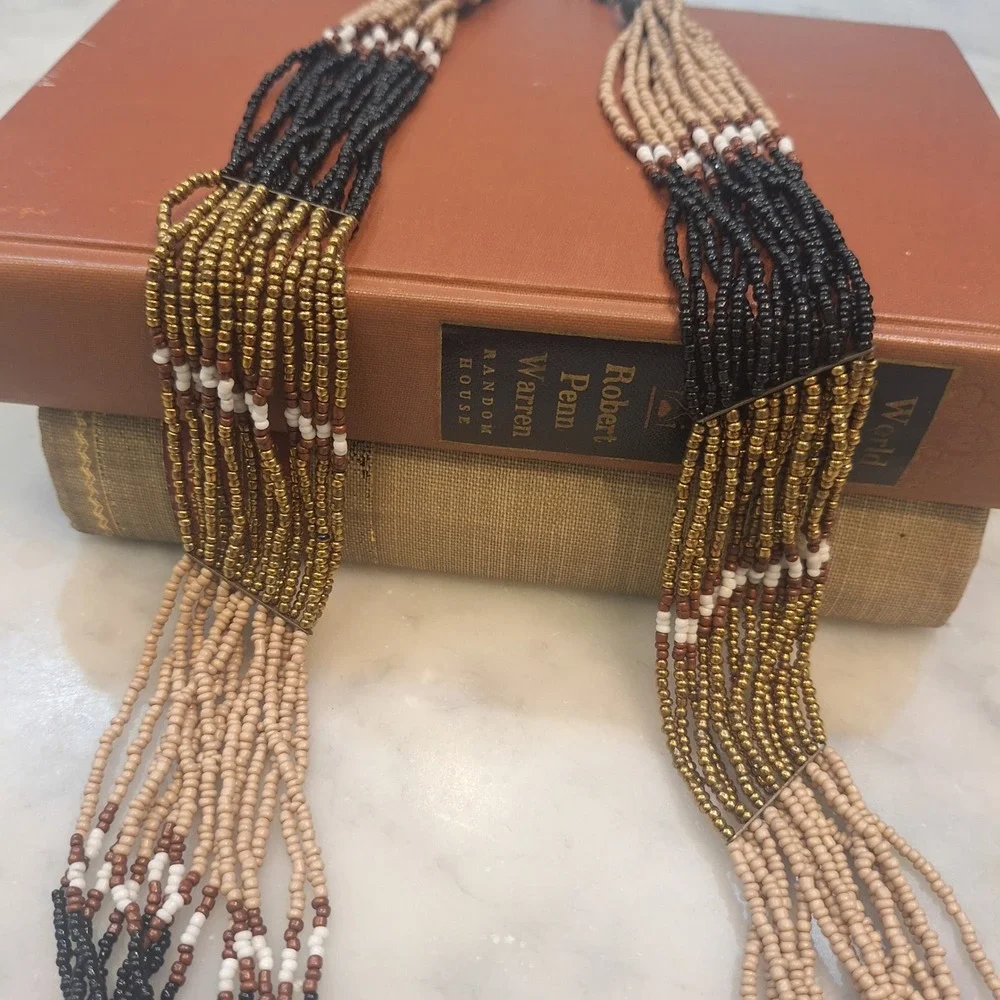 Vintage 90s Multi-Strand Seed Bead Necklace OS Tan Black Gold Boho Statement